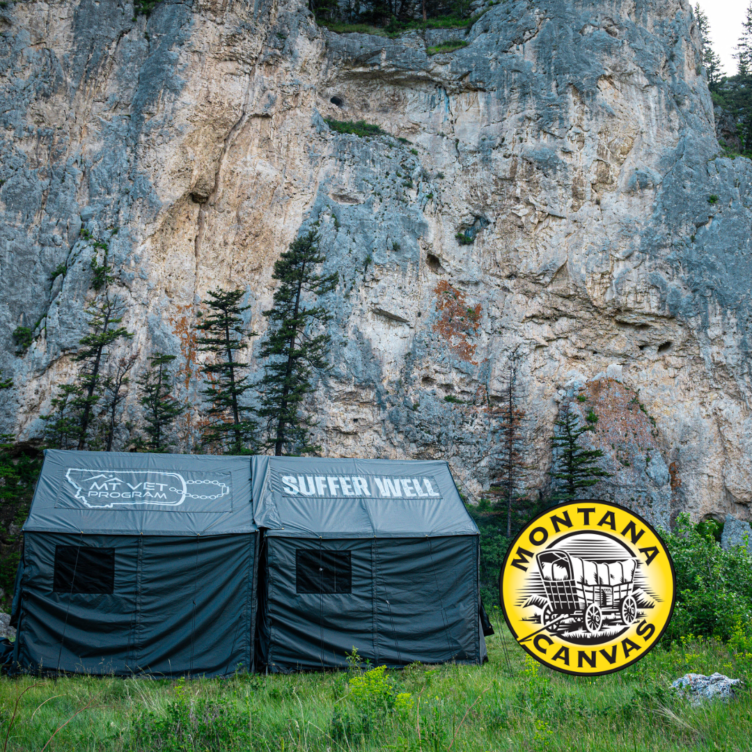 Montana-made canvas tents built to hold up in the backcountry — the same country MVP's veterans camp in every trip.