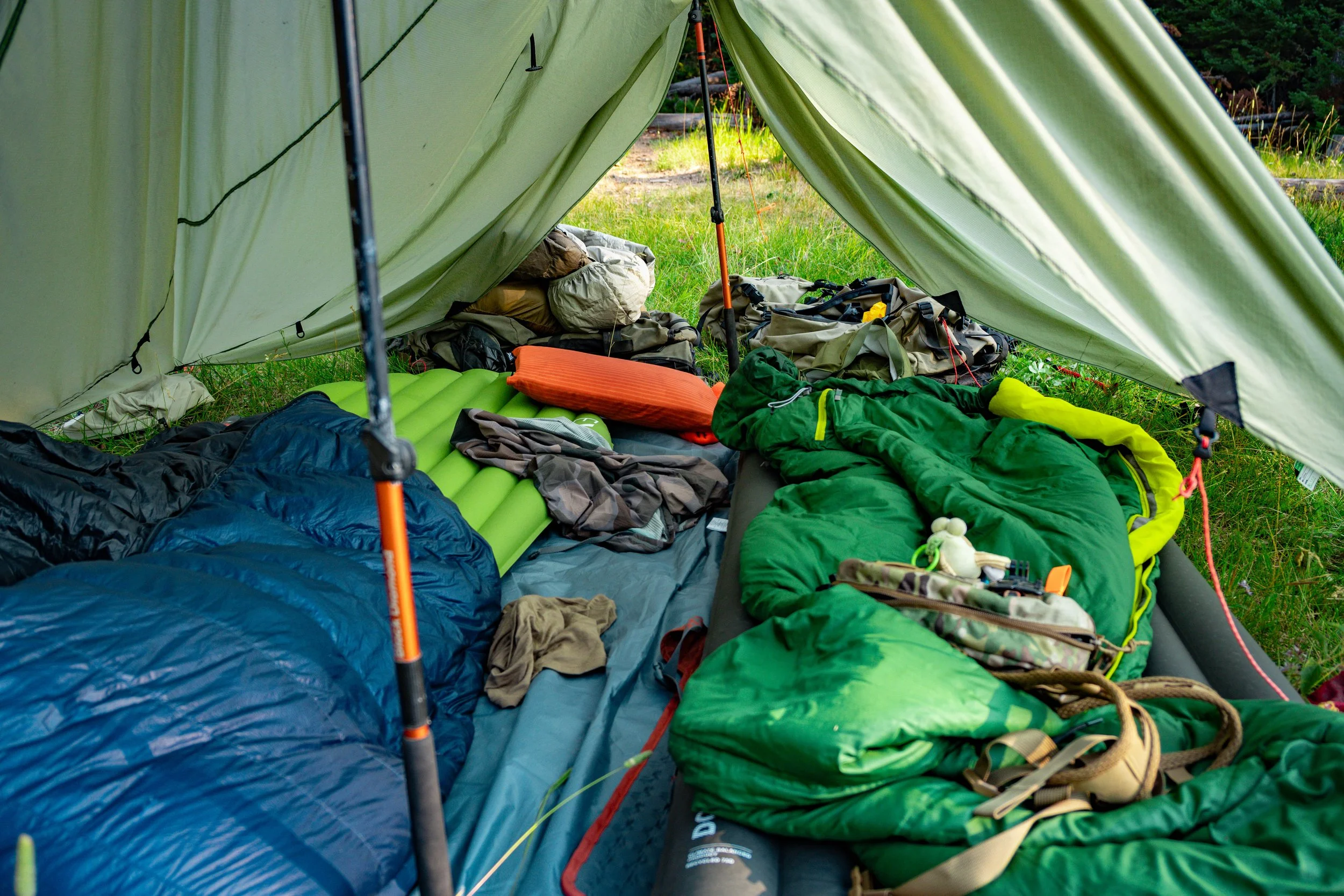 Inside a tent with camping gear including sleeping bags, backpacks, and clothing, set up on grass in an outdoor natural setting.