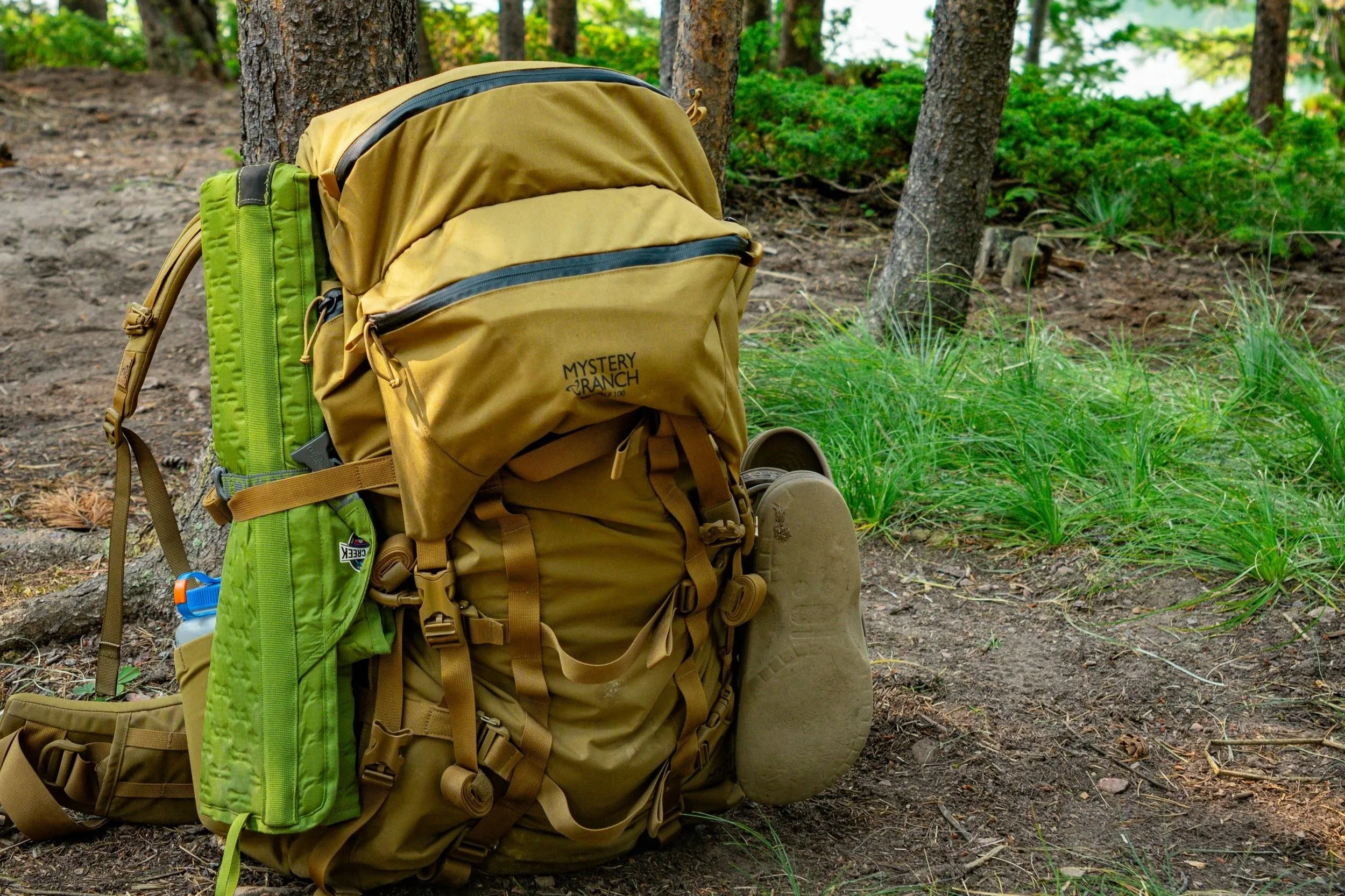 A yellow and green outdoor hiking backpack resting on a forest floor near trees and green foliage.
