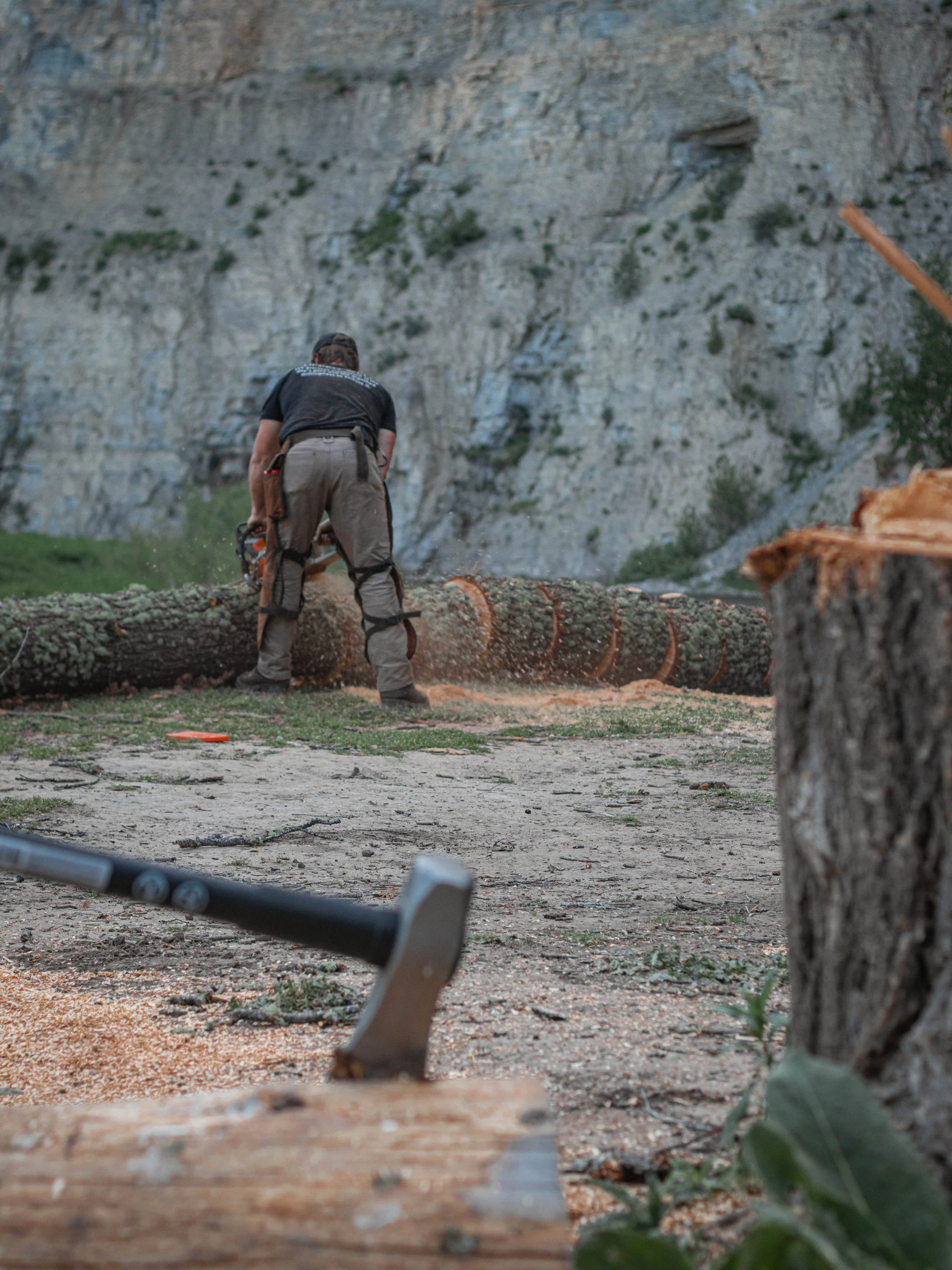 A person with a chainsaw working on a fallen tree in an outdoor area with a rock face in the background.