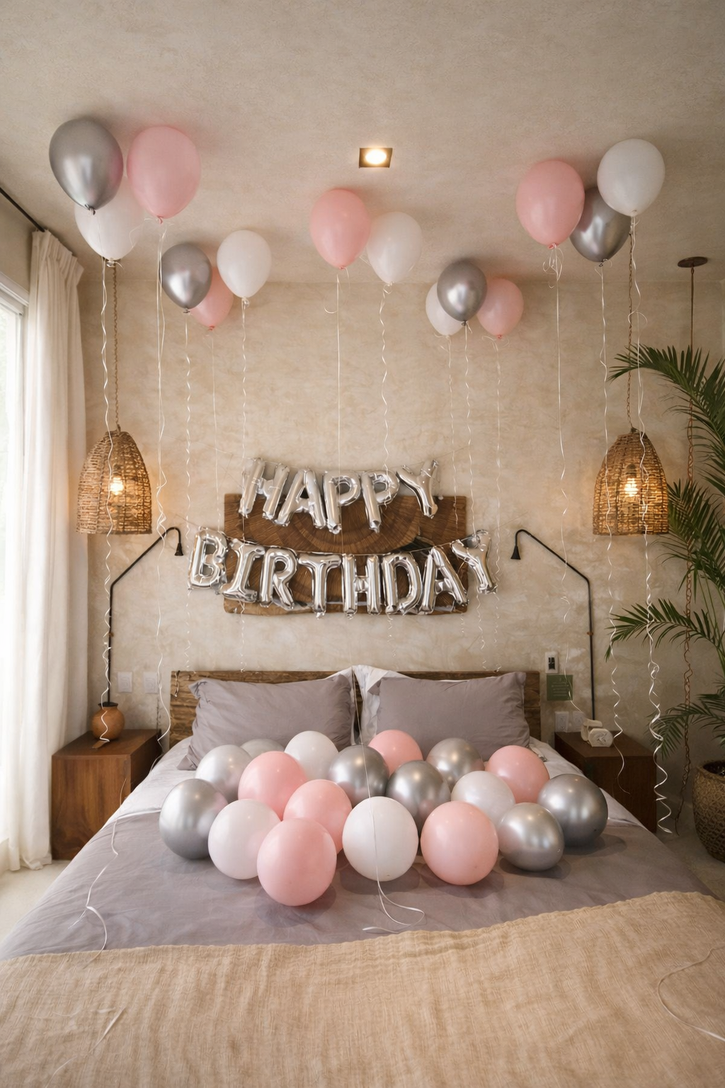 Decorated bedroom with balloons and a "Happy Birthday" banner for a celebration.