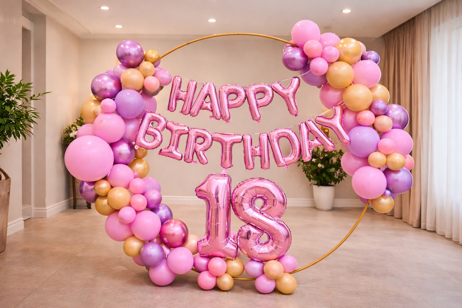 Pink and purple balloon arch with "Happy Birthday" and the number 18 in pink balloons, decorated for a celebration in a room with beige tiles and curtains.
