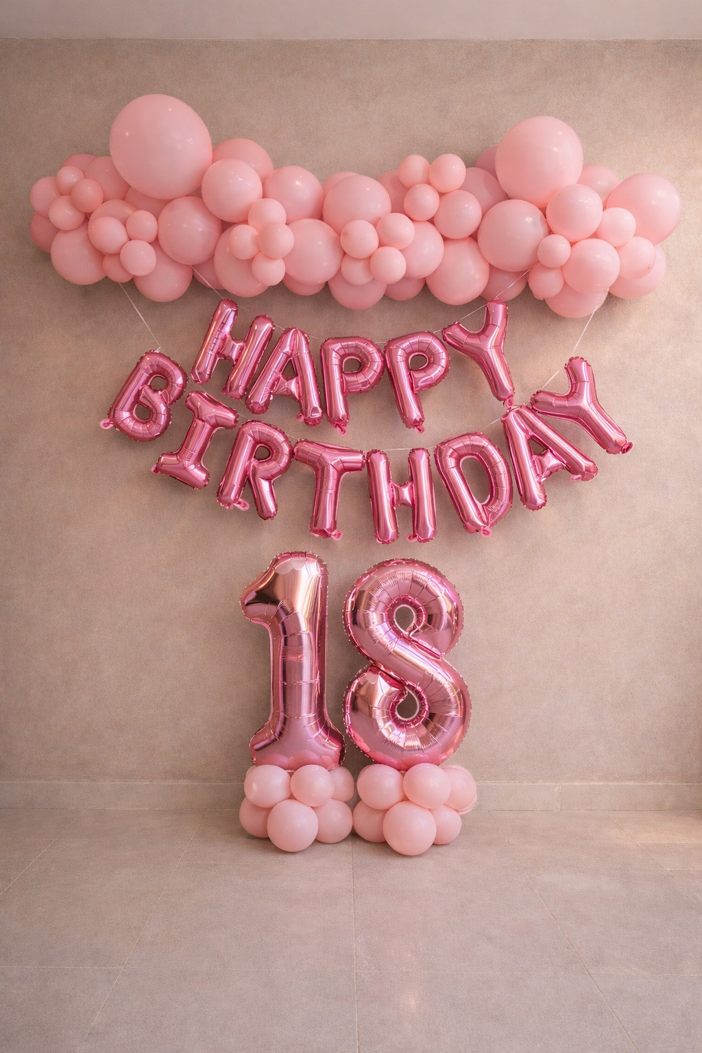 Pink balloon decoration with a cluster of various sized pink balloons, pink letter balloons spelling "HAPPY BIRTHDAY," and large pink "18" number balloons on a beige wall.
