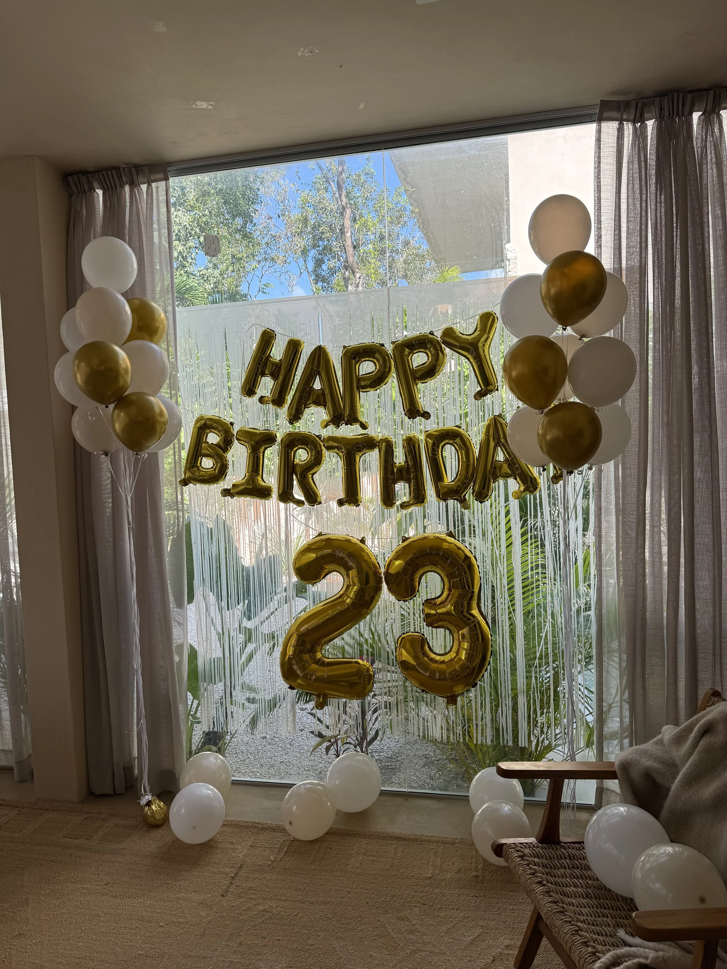Decorative balloons and letter balloons with 'HAPPY BIRTHDAY 23' displayed in front of large window with curtains and outdoor trees.