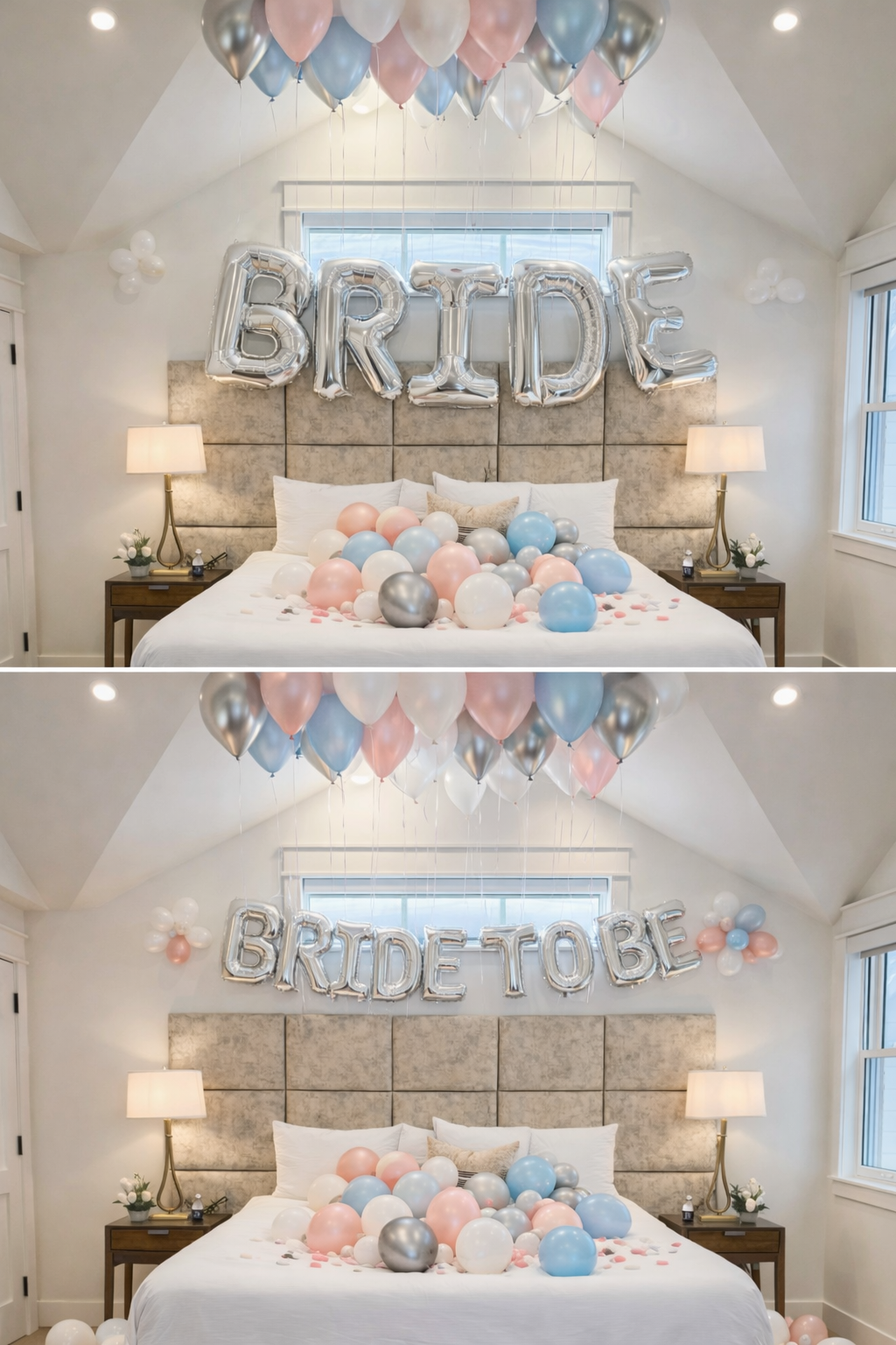 A bedroom decorated for a bridal shower with balloons spelling 'BRIDE' and 'BRIDE TO BE,' pastel-colored balloons on the bed, and string balloons above, in soft pink, blue, white, and silver tones.