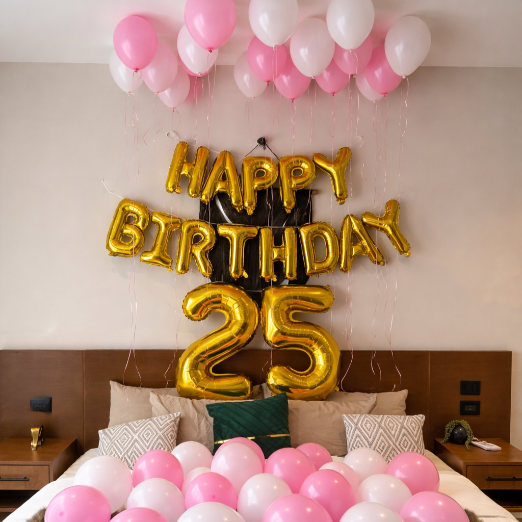 A bedroom decorated for a 25th birthday celebration with pink and white balloons and gold letter and number balloons that read "Happy Birthday 25."