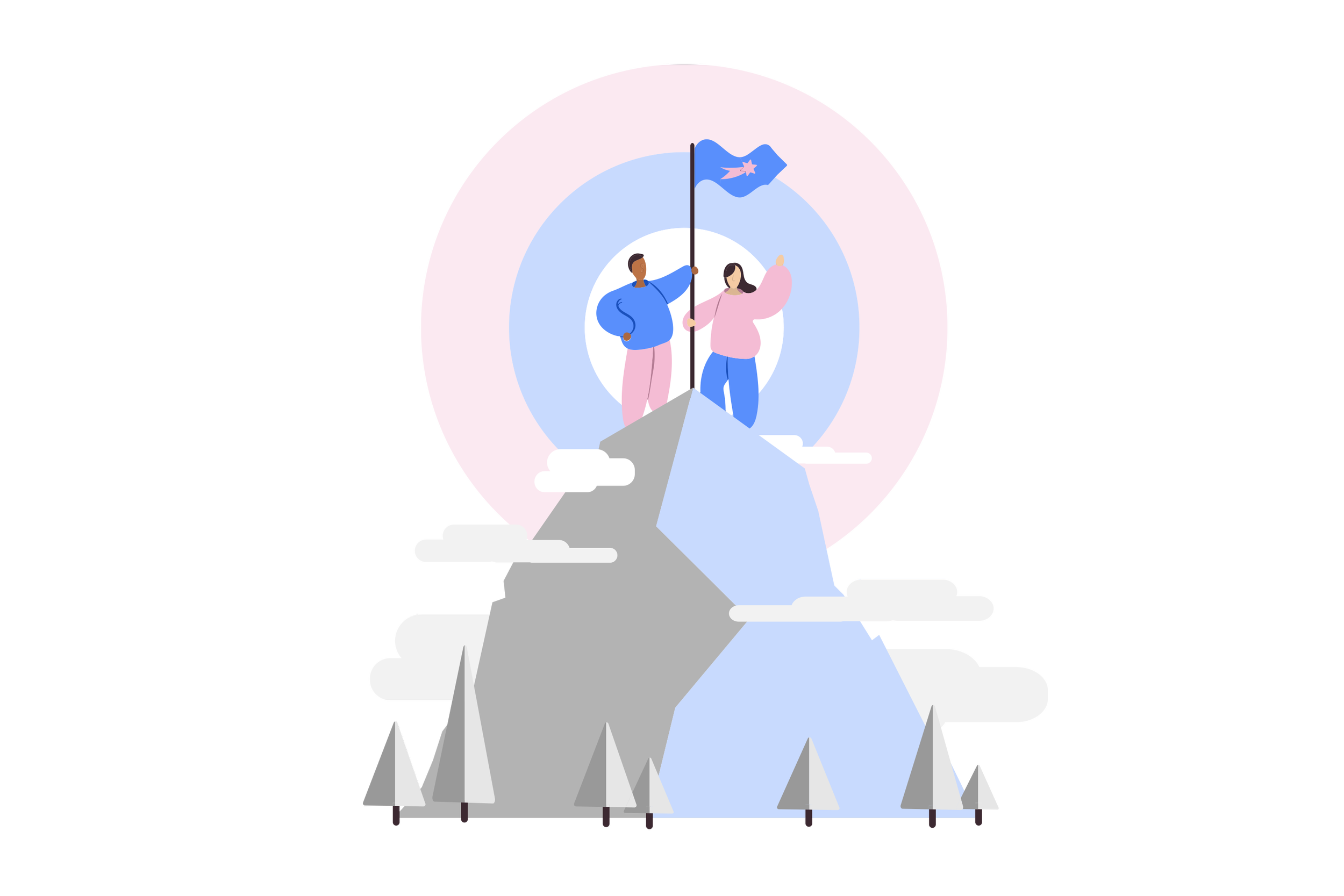 Zwei Menschen auf einem Berggipfel, einer hält eine Flagge mit einem Stern, Blick auf Berge und Seen, mit Wolken und Himmel im Hintergrund.