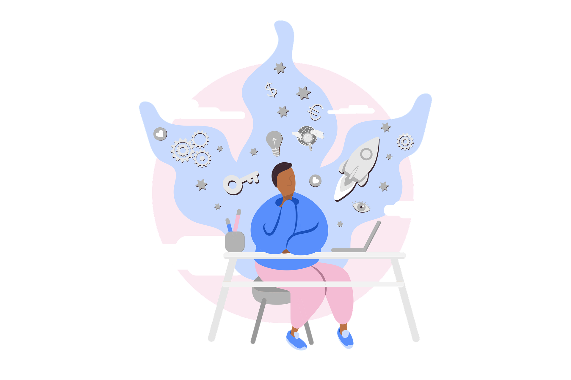 Ein Mensch sitzt nachdenklich an einem Schreibtisch, umgeben von symbolischen Darstellungen wie Zahnrädern, Lichtbulb, Schlüssel, Rakete, Auge und Währungssymbolen, die Kreativität und Ideen repräsentieren.