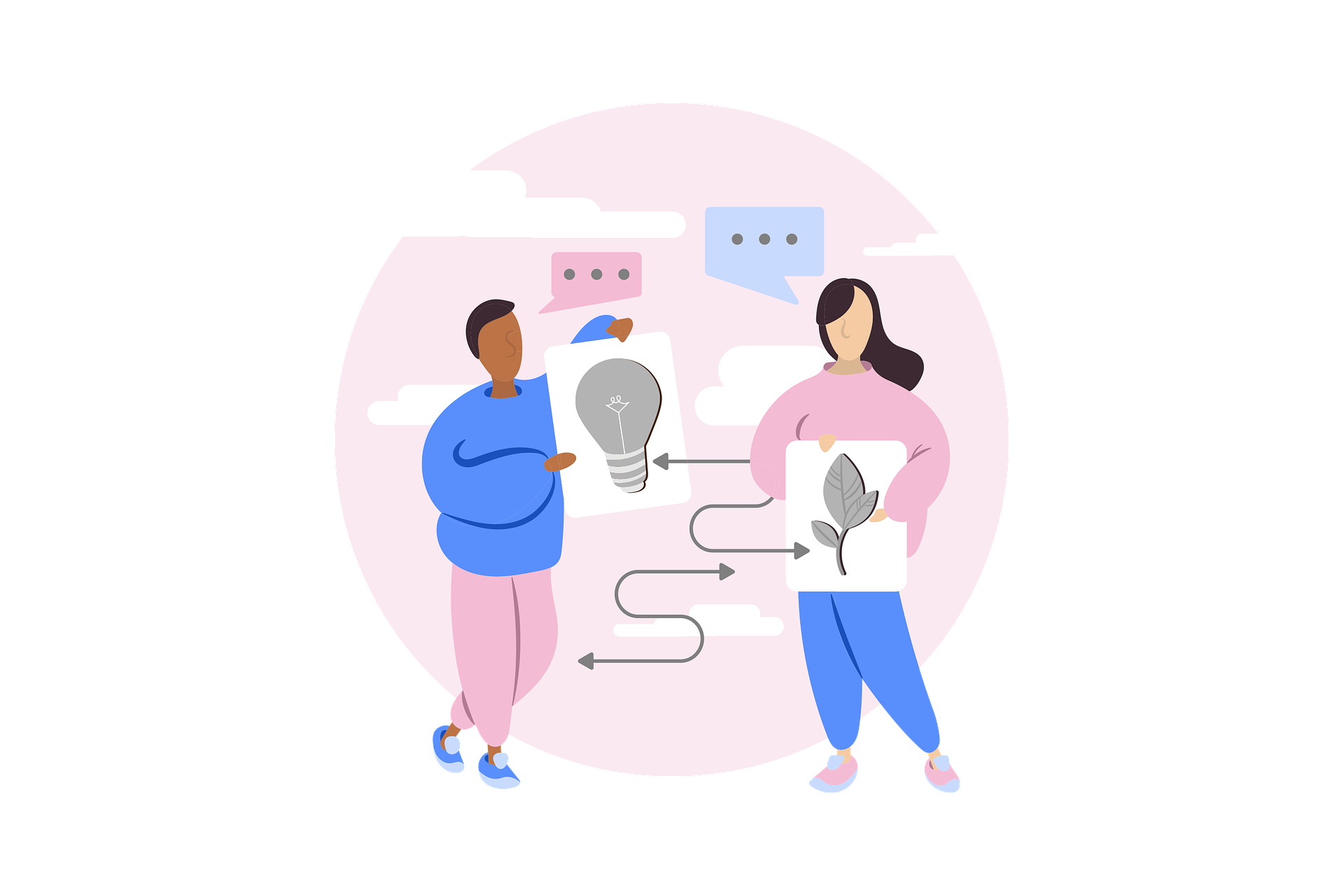 Zwei Menschen tauschen Ideen aus, eine hält eine Zeichnung eines Glühbirnen-Symbols, die andere eine Zeichnung eines Blatts. Es gibt Sprechblasen, Wolken und Verbindungswege zwischen den Symbolen.