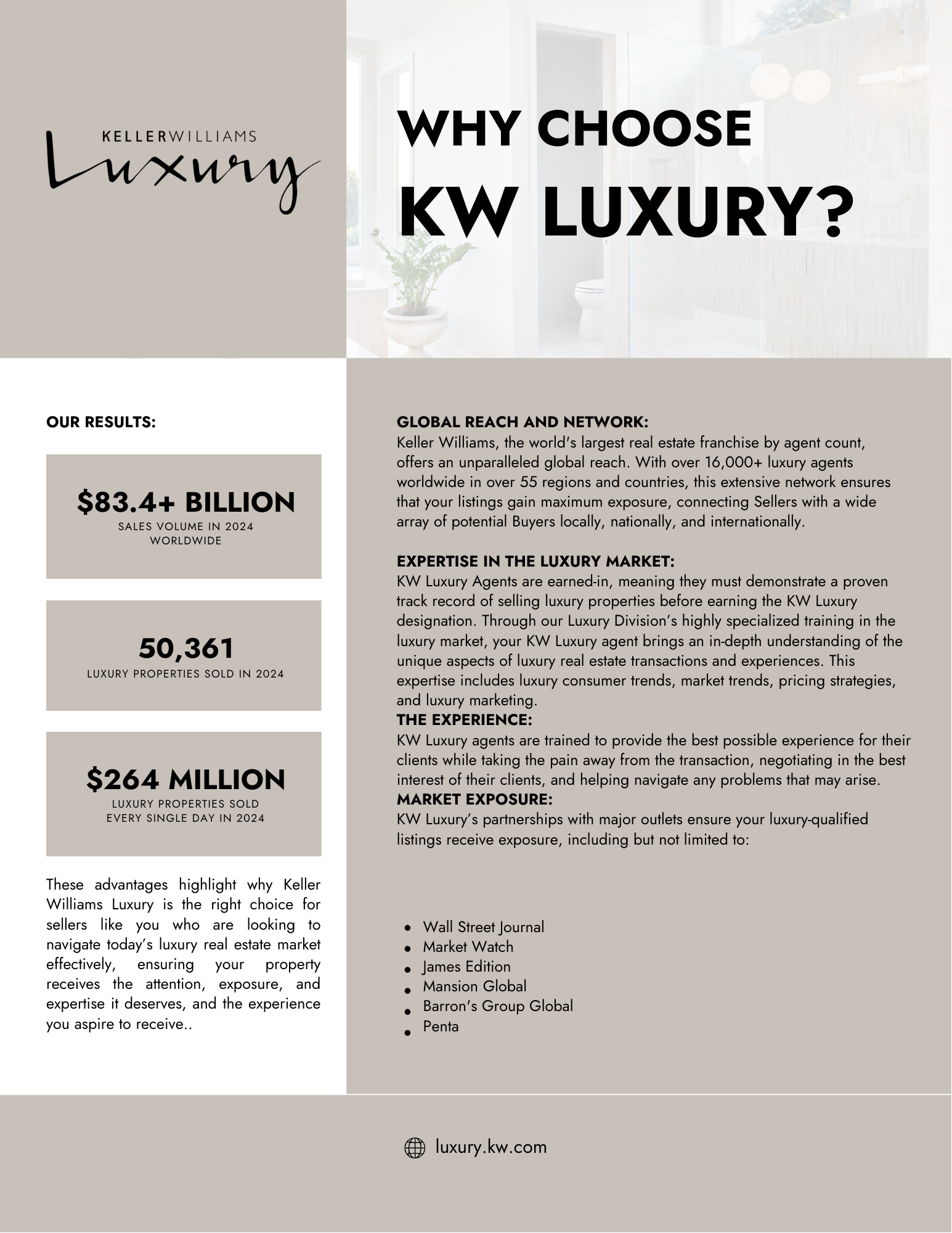Promotional flyer for Keller Williams Luxury real estate division, highlighting global reach, expertise in selling luxury properties, and market exposure benefits. Includes statistics on sales volume and properties sold.