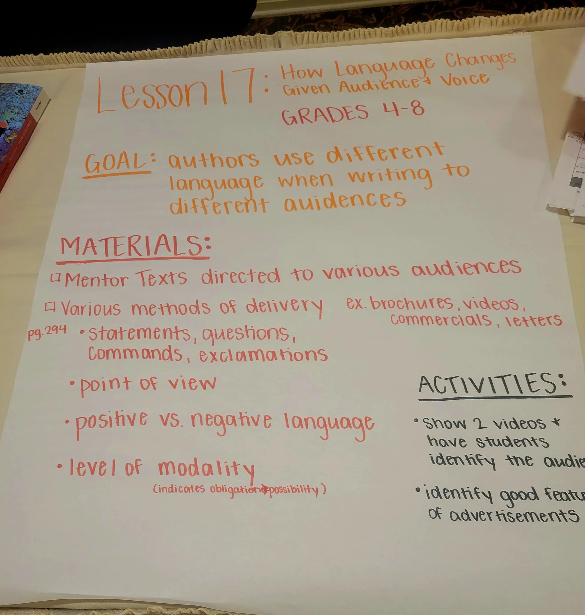 Picture of flip chart paper with lesson plan brainstorm notes