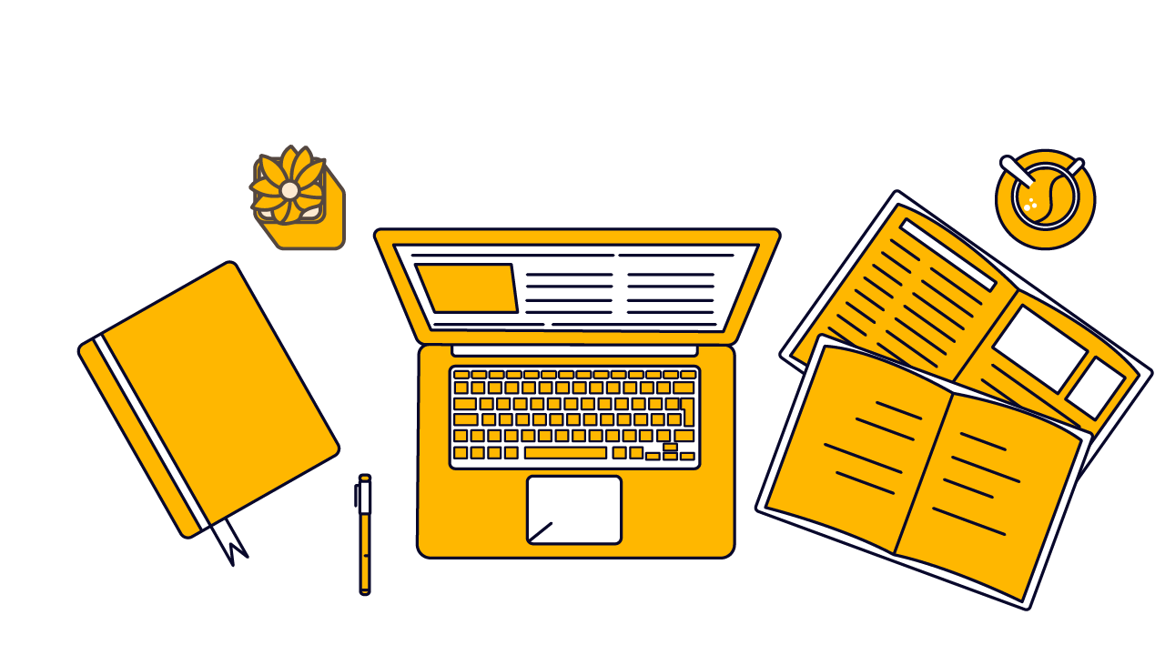 Illustration of a laptop, notebooks, coffee, and a plant on a desk