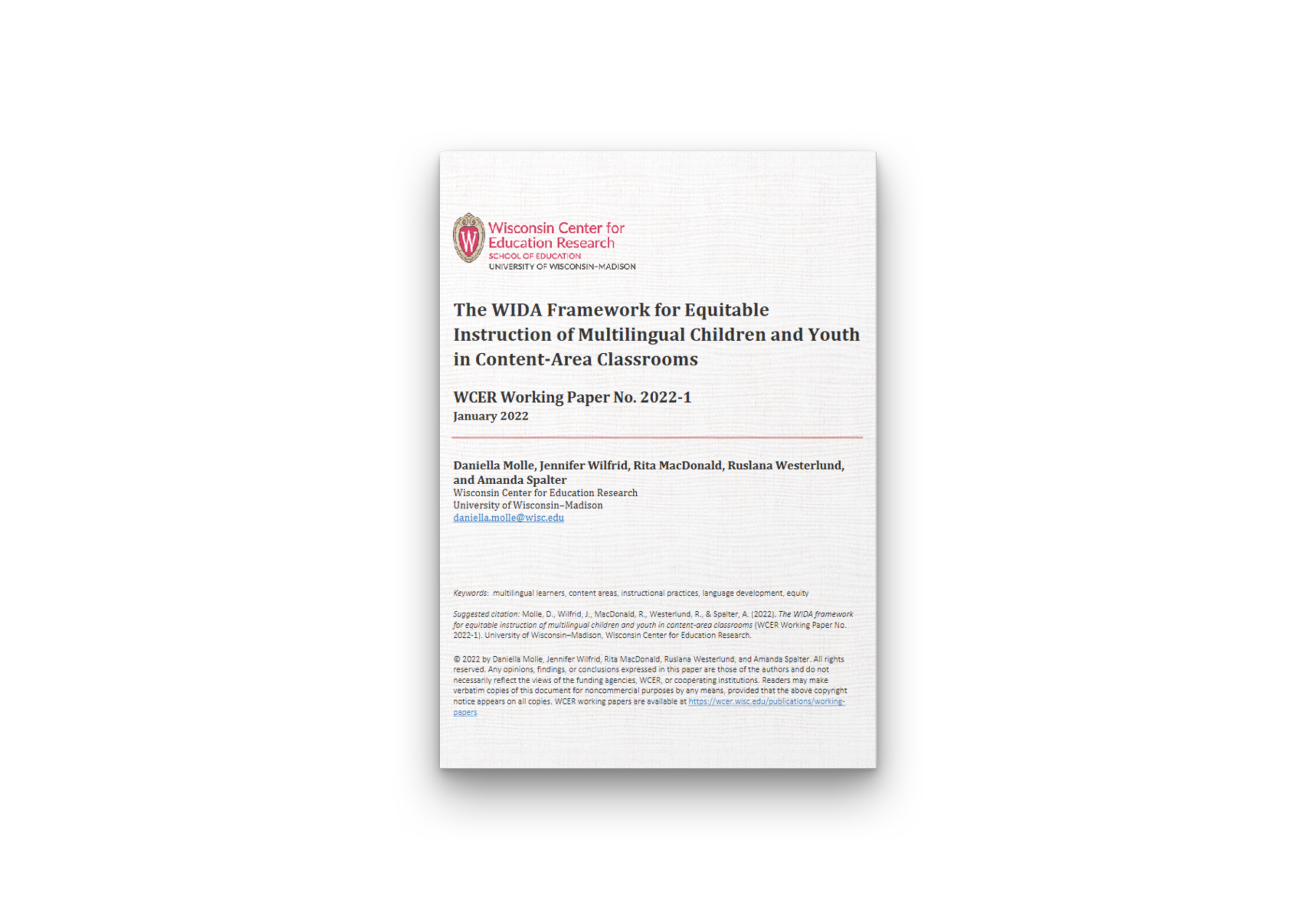 Photo of page 1 of the WIDA Framework paper