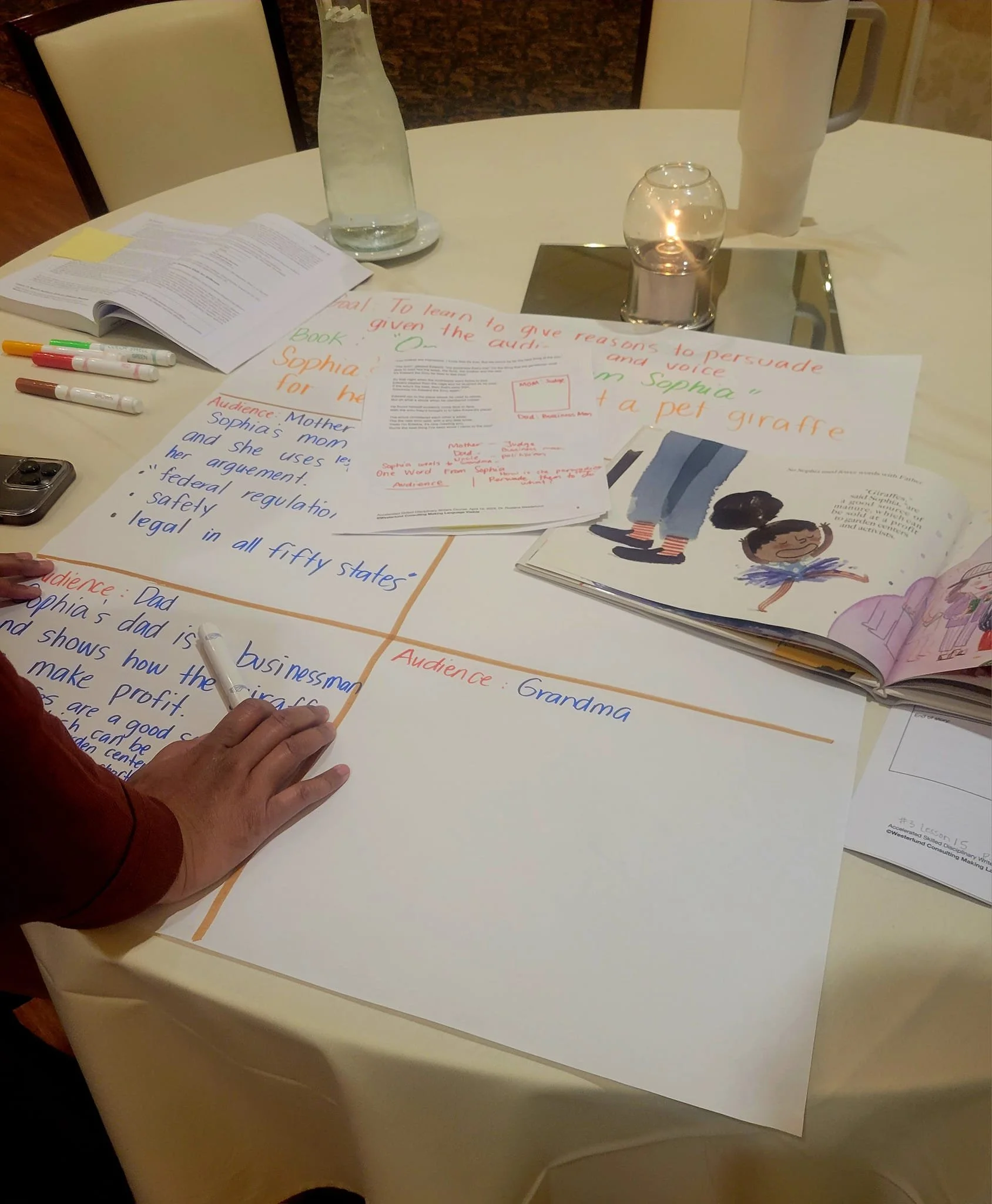Picture of training materials, markers, and a candle on a table at a professional learning session