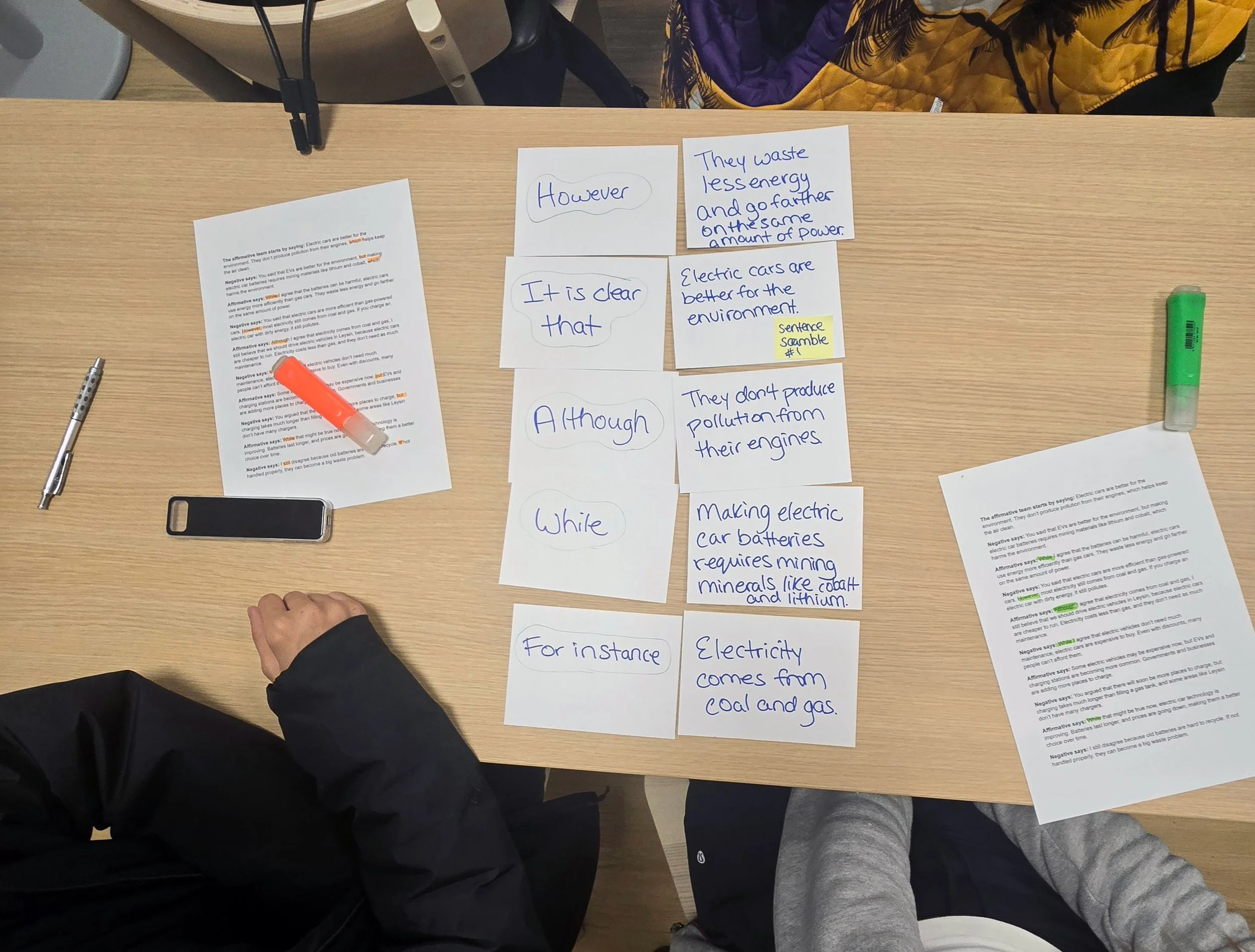 Mentor text and language feature file cards on a desk