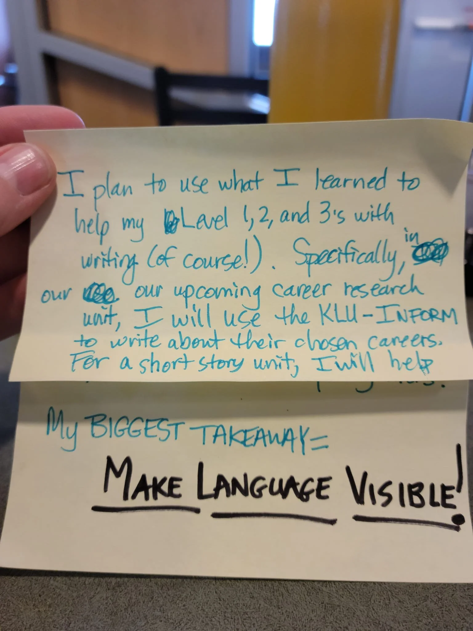 Photo of teacher's session feedback note