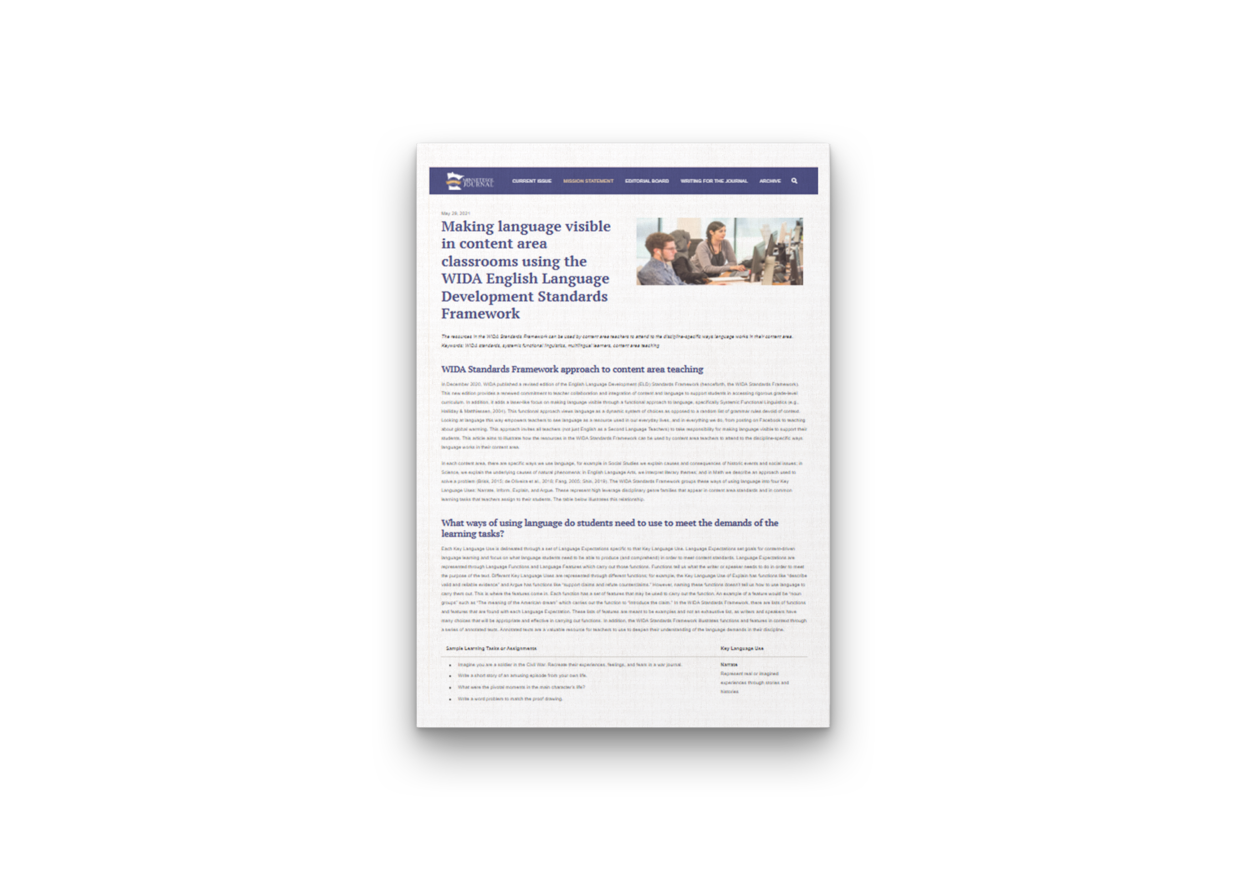 Photo of page 1 of the Making Language Visible article