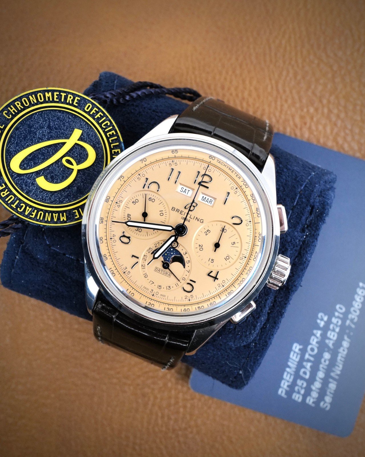 Breitling Premier B25 Datora 42mm — Salmon Dial, Tri-Color Sub-Registers