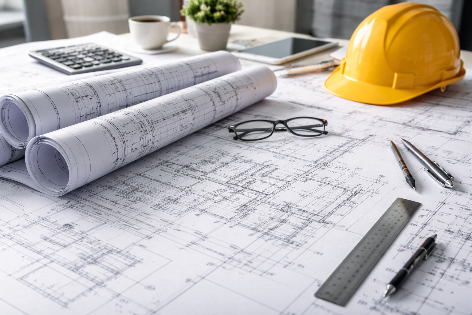 Architectural blueprints on a desk with a yellow construction helmet, glasses, pens, a ruler, and a calculator and a tablet in the background.