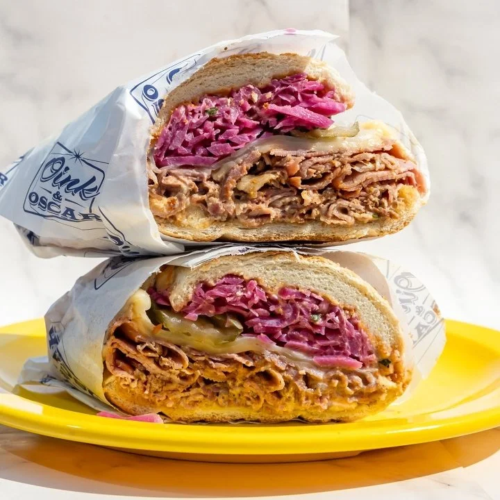 Porkstrami Rueben sandwich on Dutch crunch, Oink & Oscar