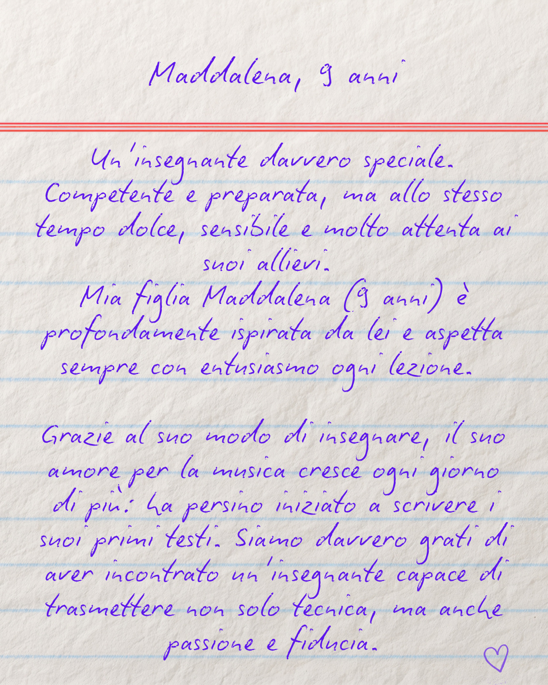 Una lettera scritta a mano su carta a righe, in italiano. La lettere è scritta dalla mamma di Maddalena, una bambina di 9 anni, che parla di un'insegnante speciale (Oyku Dogan)  e della passione per la musica della figlia.