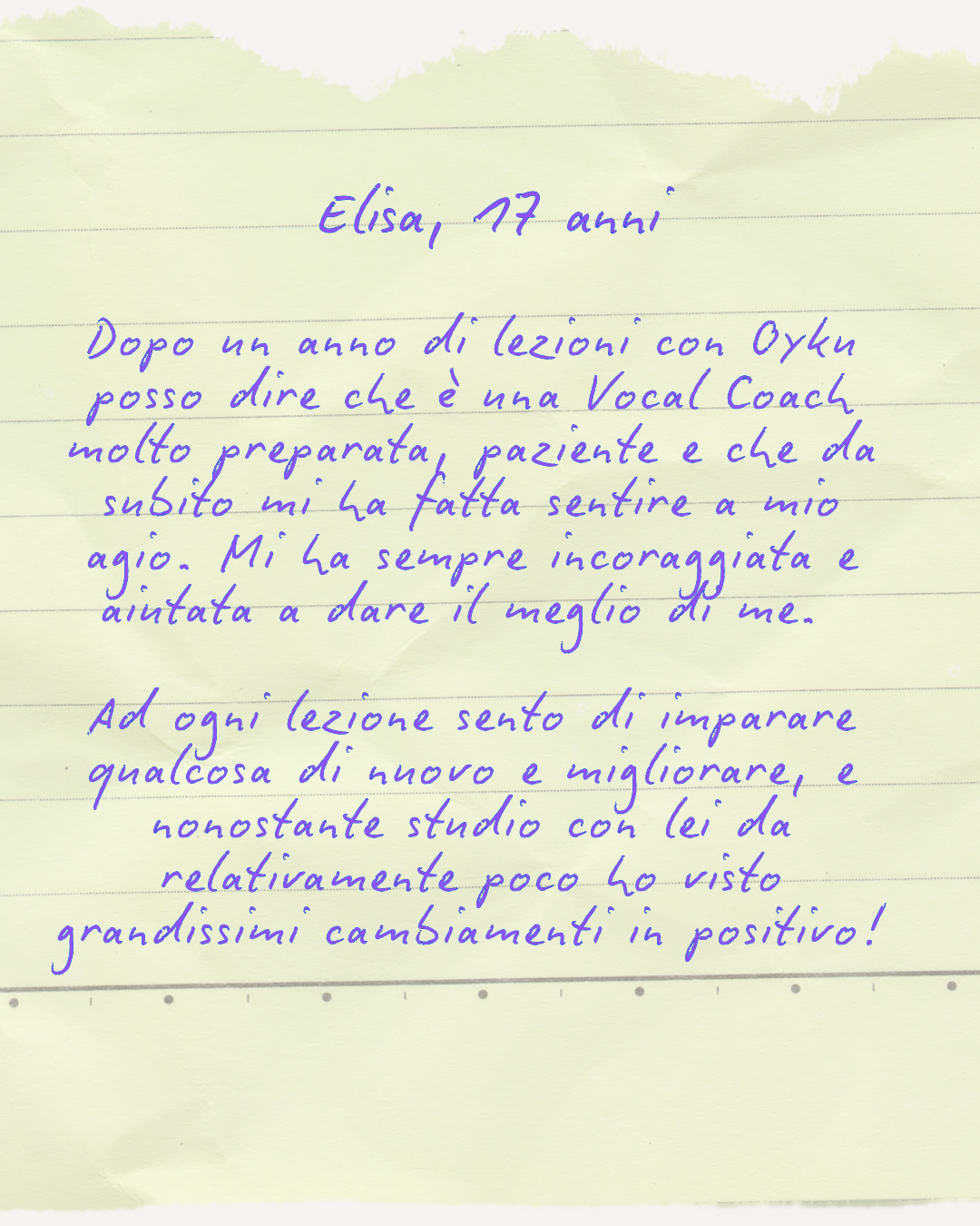 Lettera scritta a mano su carta gialla, in italiano, da una persona di nome Elisa, 17 anni, che descrive la sua esperienza con la sua insegnante di canto Oyku Dogan.
