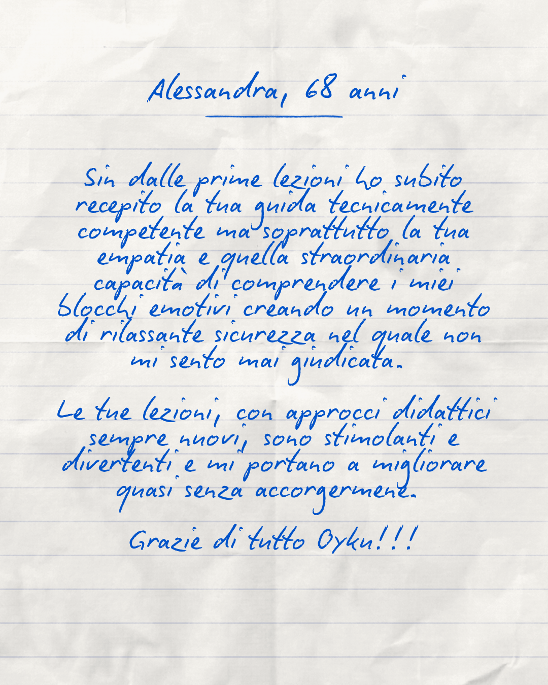 Lettera scritta a mano in italiano, dedicata alla maestra Oyku Dogan, con messaggi di gratitudine e apprezzamento.