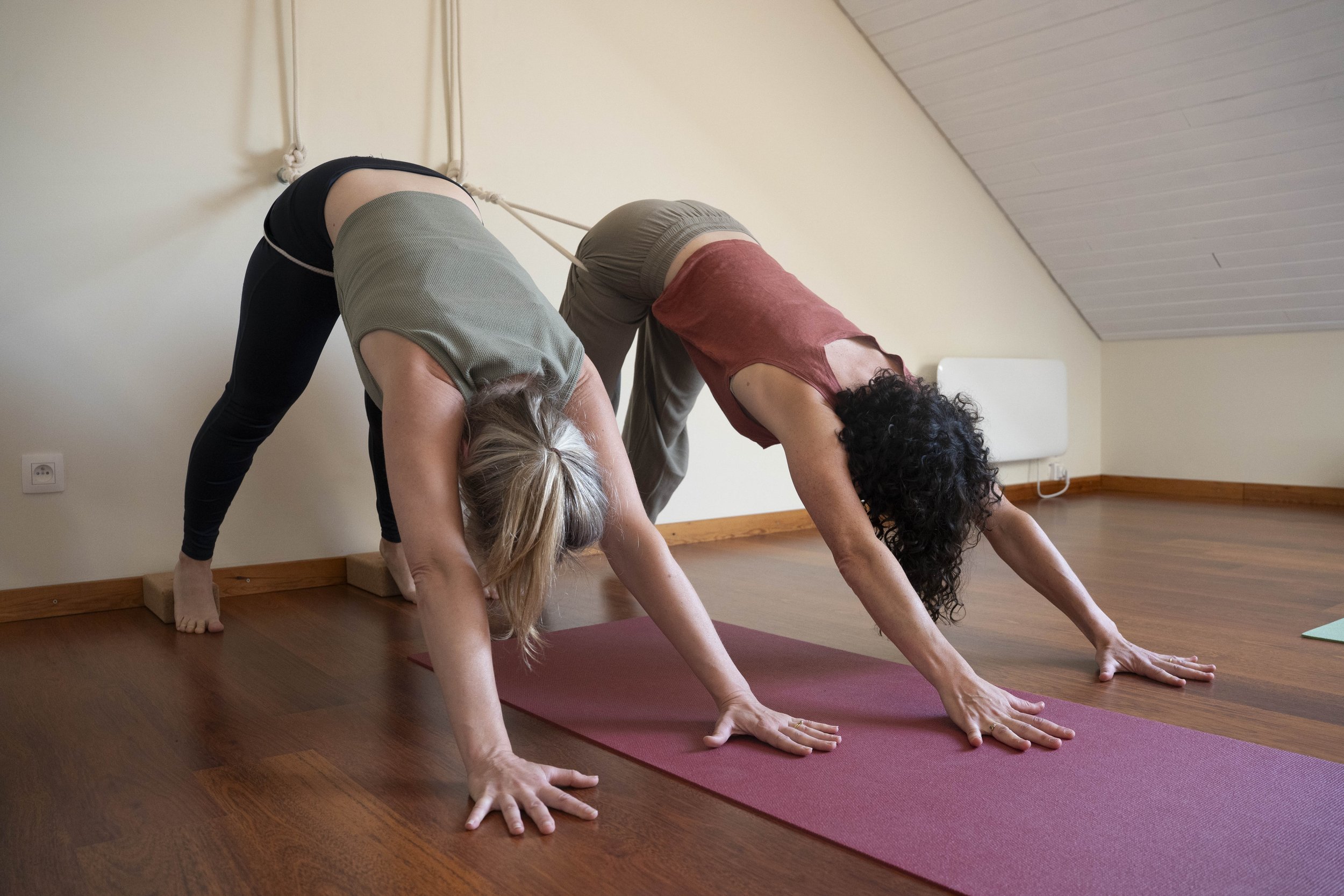 Three women practicing yoga in a room with wooden floor and white walls, in downward dog pose on yoga mats.