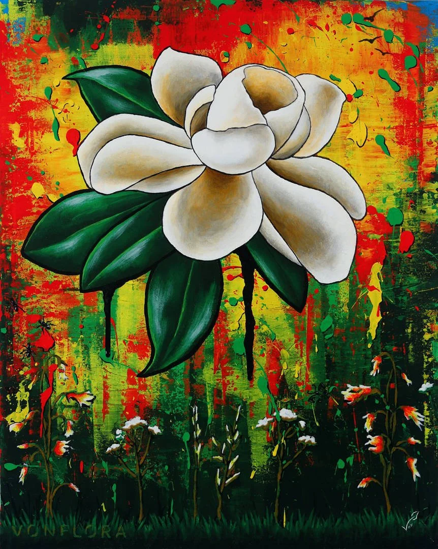 A vibrant abstract painting of a large white flower with green leaves against a colorful splattered background.