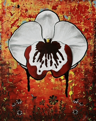Close-up of a painted flower with large white, red, and black petals against a red, textured background with small white and black flowers at the bottom.