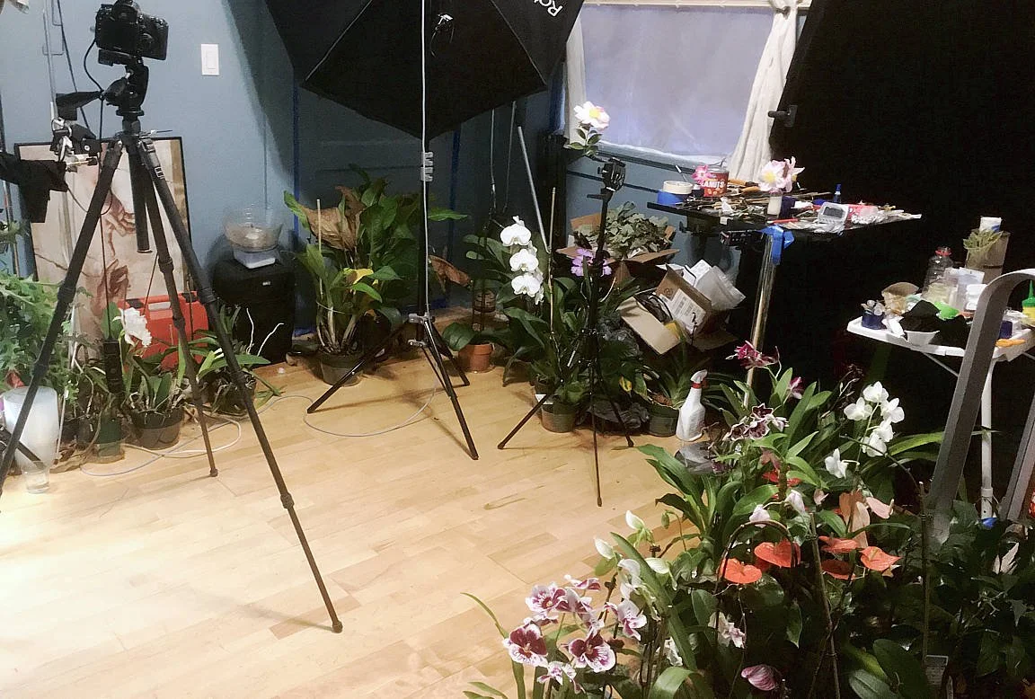Inside the studio surrounded by orchids.