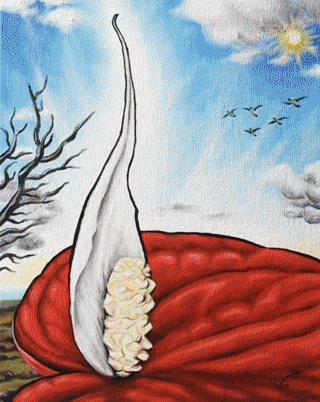 A surreal painting of a white candle with a large flame resembling a swirl of smoke, placed on a red cloth. In the background, there are barren trees, a sun in the sky, and a flock of birds flying.
