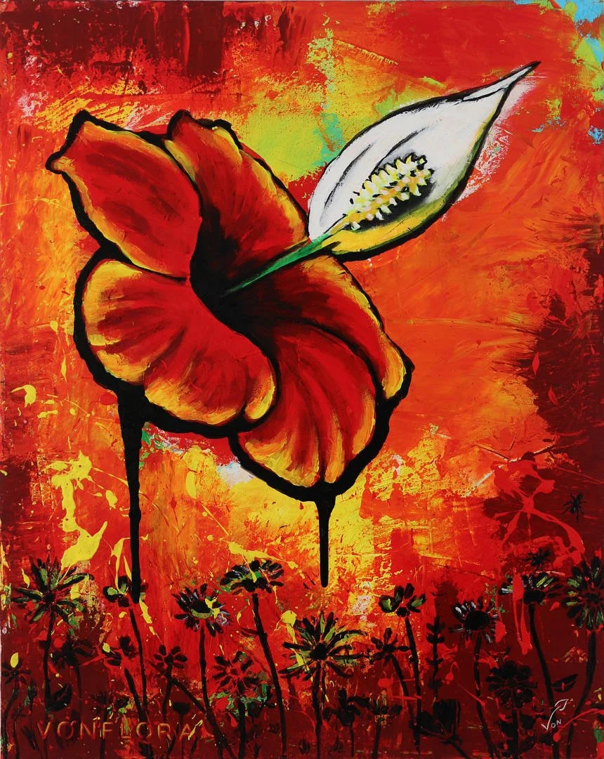 Colorful painting of a large red and yellow hibiscus flower and a white calla lily against an abstract orange, yellow, and green background with black silhouettes of smaller flowers at the bottom.