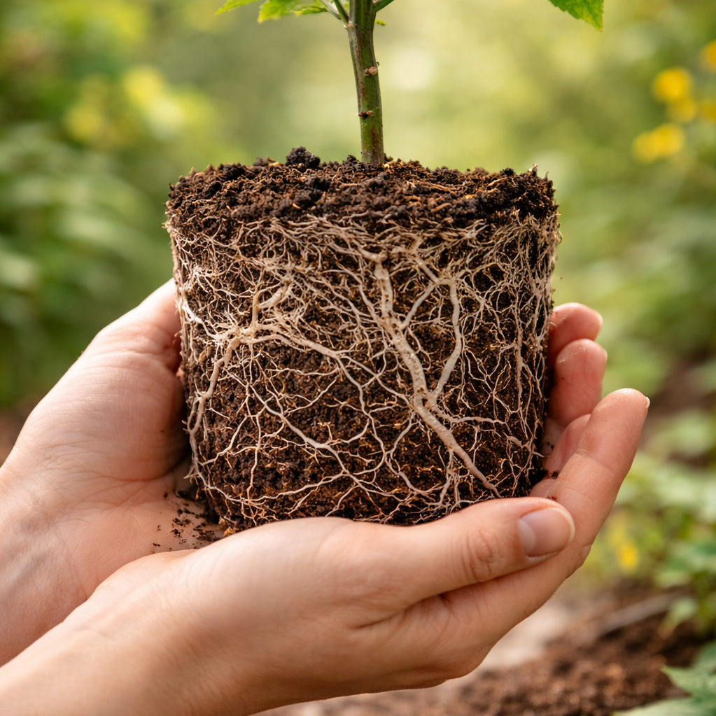 A person holding a small plant with roots and soil in a square pot, ready to be planted.