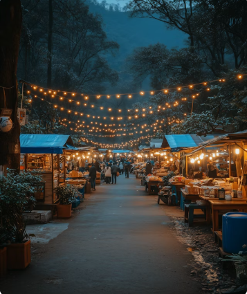 Nighttime outdoor market with string lights overhead, wooden stalls, and shoppers in a wooded area.