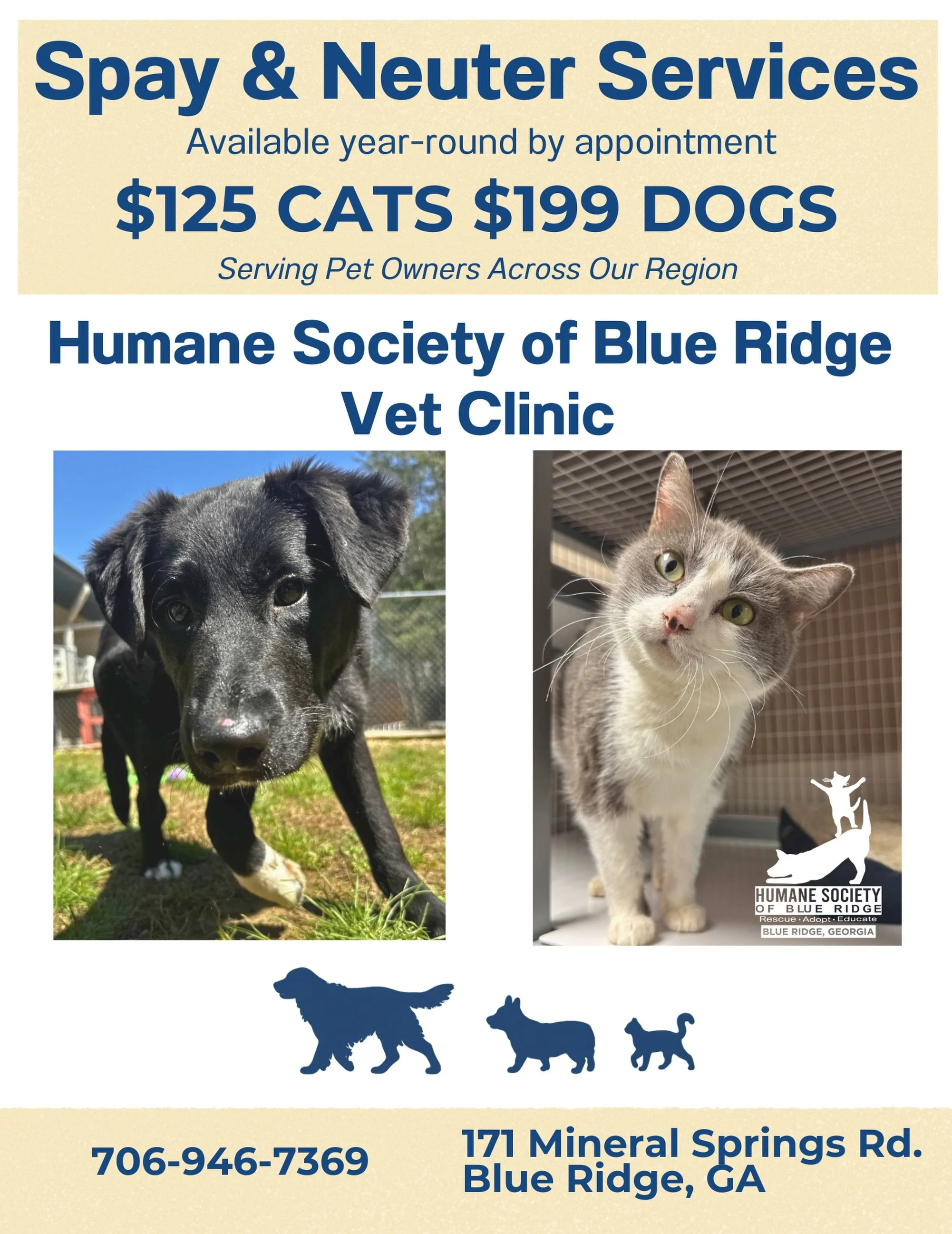 @humanesocietyblueridge Veterinary Clinic is proud to offer spay and neuter surgeries as an ongoing service for our community.

🐱 Cats: $125
🐶 Dogs: $199

Whether you live in Blue Ridge or beyond, our clinic welcomes pet owners who are looking for 