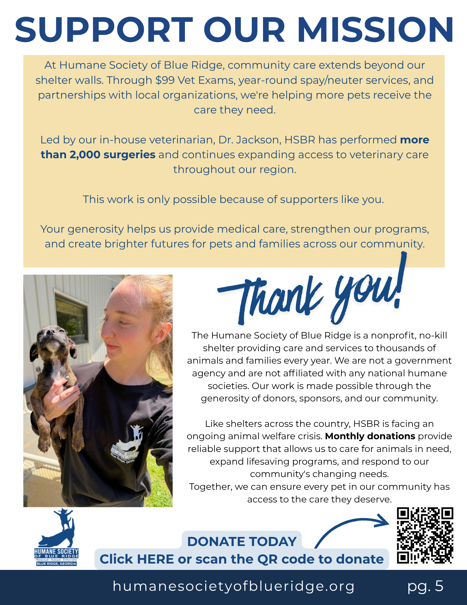 Fundraising flyer for Humane Society of Blue Ridge. Features a photo of a young woman holding a small dog, with a QR code and a button to donate online. The flyer promotes community care, veterinary services, and supporting animals in need.