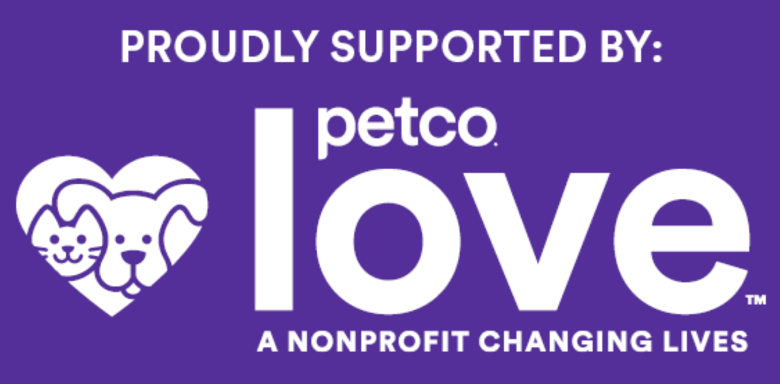 Purple background with white text and a logo featuring a heart-shaped outline of a cat and dog. Text reads "Proudly supported by Petco Love. A nonprofit changing lives."