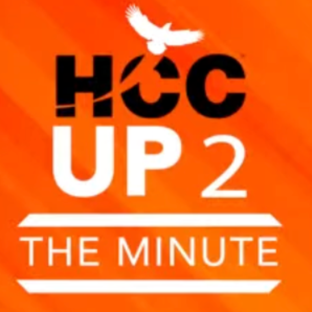 Orange background with a white dove and bold text reading 'HÀC UP 2 THE MINUTE'