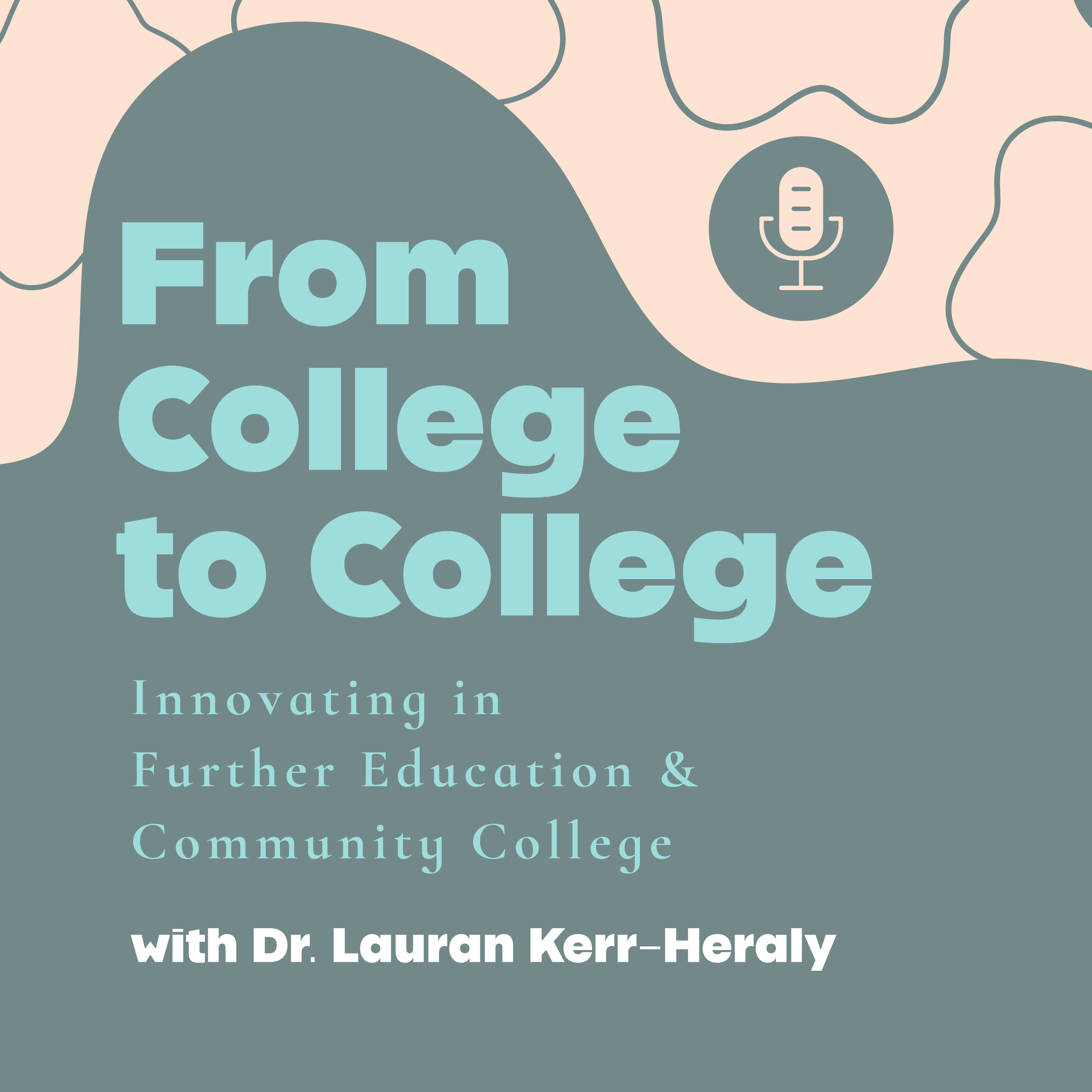 Promotional graphic with text about a podcast episode. The background includes a simplified illustration of a microphone and tangled lines, with text mentioning 'From College to Career,' 'Innovating in Further Education & Community College,' and 'with Dr. Lauran Kerr-Heraly.'