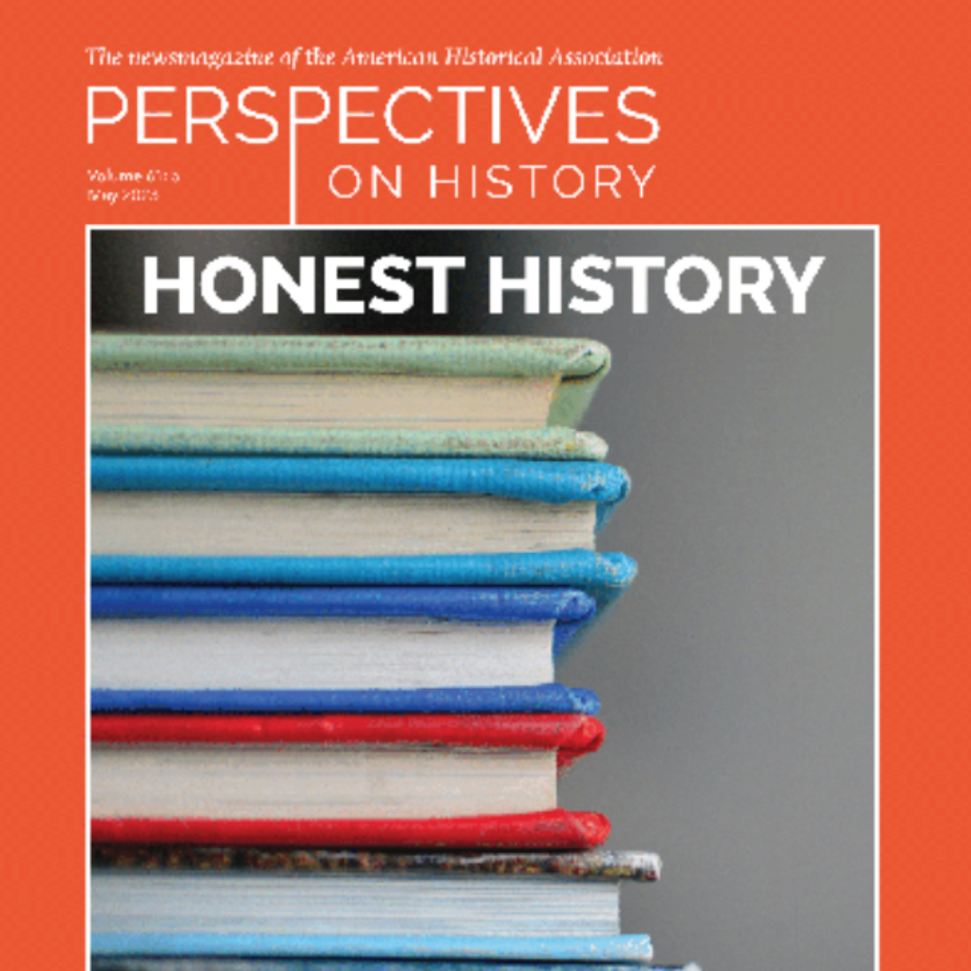 Magazine cover titled 'Perspectives on History' with a photograph of a stack of books with colorful covers. The cover is predominantly orange with white and black text.