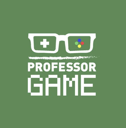 Green background with white glasses featuring a game controller and medical cross, and the text "Professor Game" underneath.