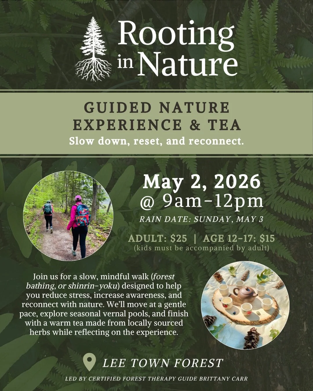 🥾🌲Step into spring as the forest comes back to life.

Join us for a guided forest bathing experience designed to help you slow down, awaken your senses, and reconnect with yourself and the natural world. We will move at a gentle, slow pace, creatin