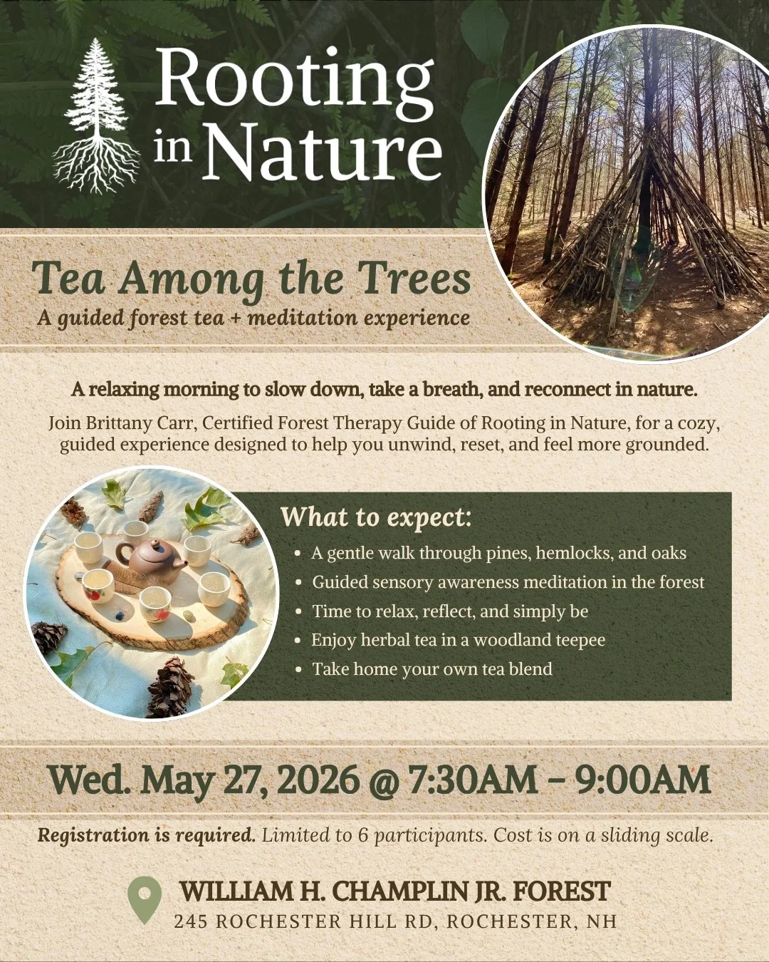 🫖🌲Join Brittany Carr, Certified Forest Therapy Guide of Rooting in Nature, for a cozy tea and meditation experience in a woodland teepee.

We&rsquo;ll take a short walk among pines, hemlocks, and red oaks to a handcrafted stick teepee tucked among 