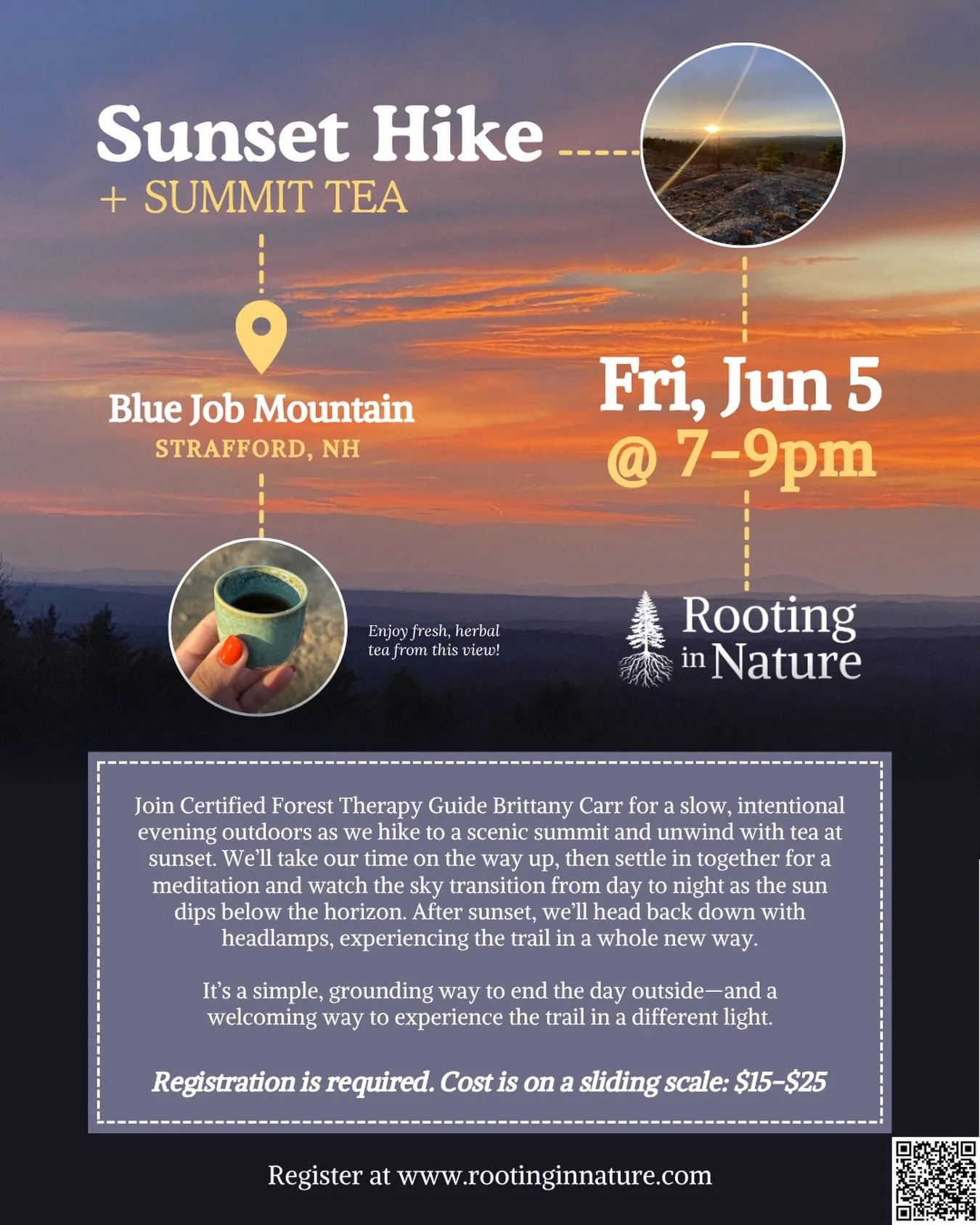 🌅Join us for a slow, intentional evening outdoors as we hike to a scenic summit and unwind with tea at sunset. We&rsquo;ll take our time on the way up, then settle in together to watch the sky transition from day to night as the sun dips below the h