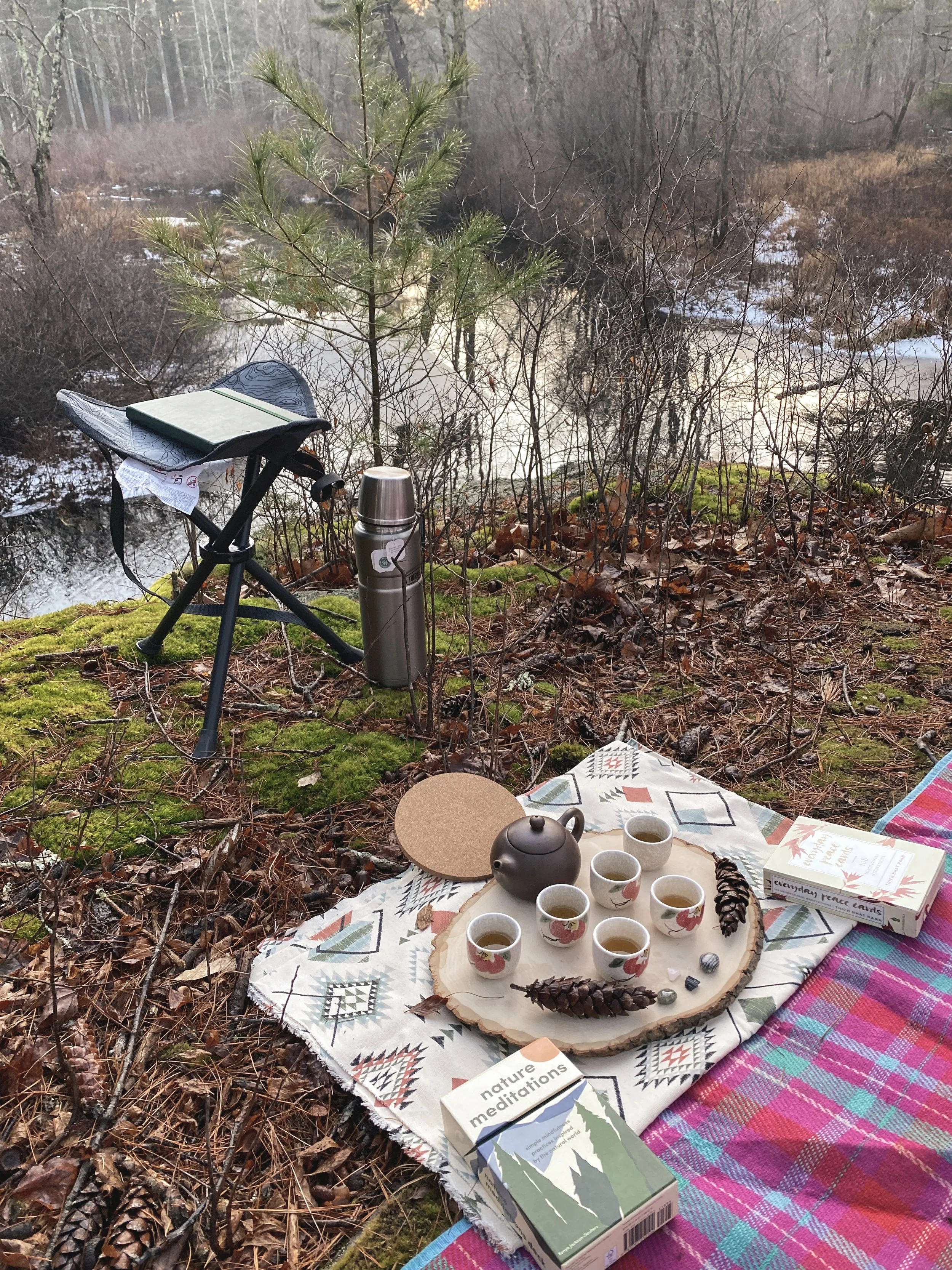 A picnic setup in a forest by a river, featuring a round wooden board with seven cups of tea, a teapot, pine cones, healing stones, and a box of meditation cards, with a patterned blanket and ongoing notebook on a small table in the background.
