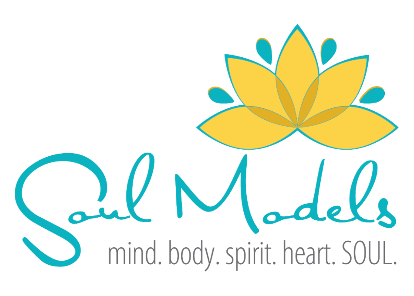 Logo for Soul Models featuring a stylized yellow lotus flower with blue accents, and the text 'Soul Models' written in a cursive font with the tagline 'mind. body. spirit. heart. SOUL.' underneath in gray.