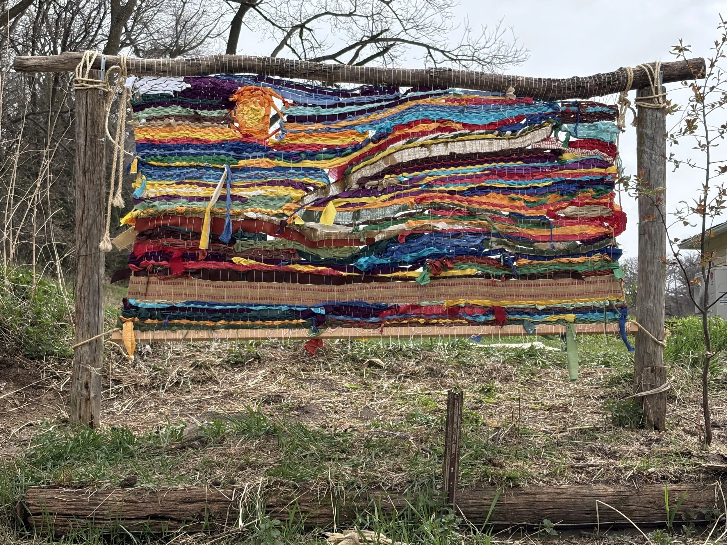 Completed "Wild Loom" collaborative weaving project, 7' x 5'