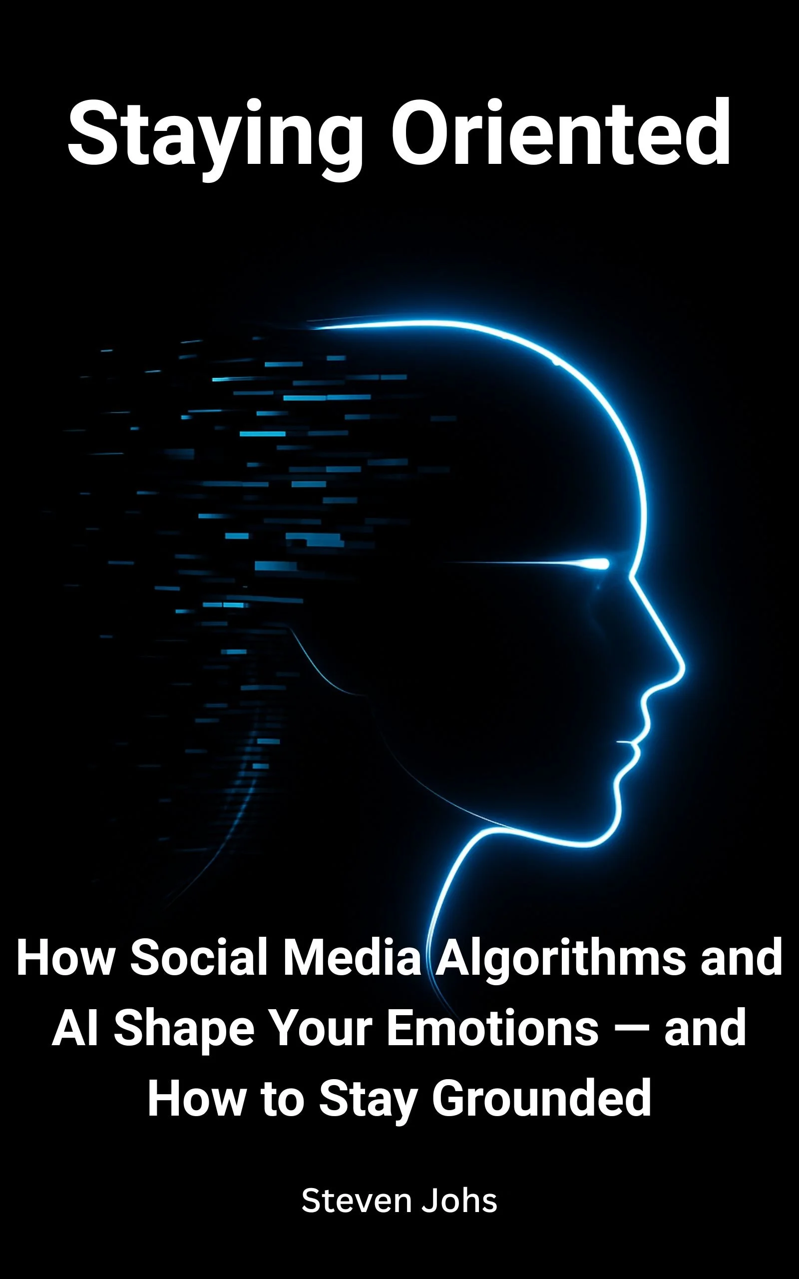 Black Cover with Neon Blue colored side profile of a head with data elements streaming out of the back side