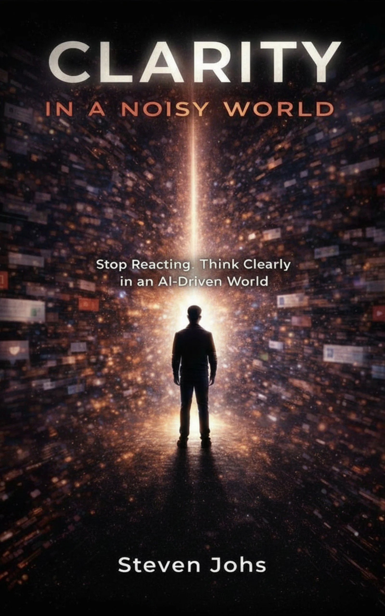 Book cover with a silhouette of a person standing in front of a digital, space-themed background with glowing particles and information streams, titled 'Clarity in a Noisy World' by Steven Johns.